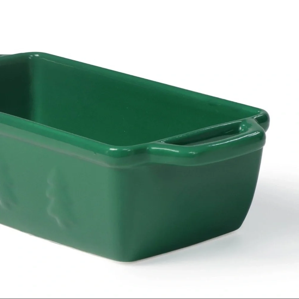 New! Green Holiday Bread Loaf Pan w/ Christmas Trees on sides Target Bullseye